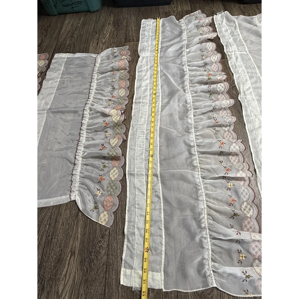 Embroidered Sheer Café Tier Curtains 17pc White Floral Scalloped‎ Country Set